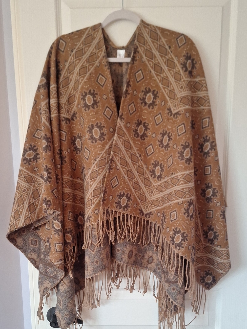 Cozy Fringe Shawl Poncho in Camel And Gray